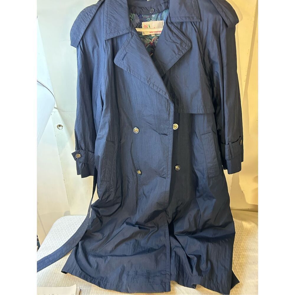 Totes raincoat blue belted womens 10p flower pattern lining 100 nylon Korea #226
